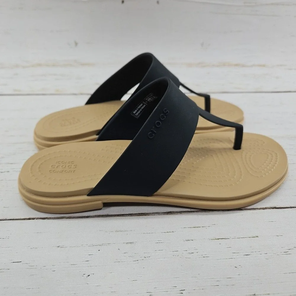 Crocs Tulum Womens Size 4 Black Flip Flop T Strap Slide Sandal‎ Beach 206752